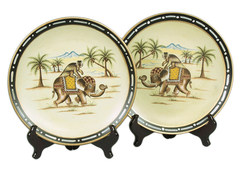 Pair of Elephant With Monkey Decorative Plates 10 Inch Diameter Main image