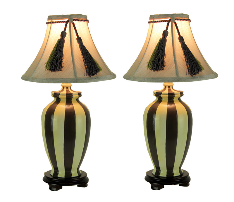 Vertical Striped Small Ceramic Table Lamp with Tassel Shade Set of 2 Main image