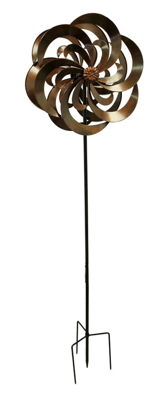 Bronze Finish Metal Art Dual Spinning Flower Wind Sculpture Garden Stake Main image