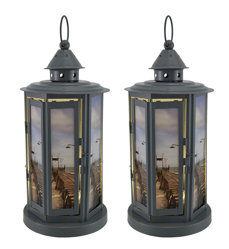 Shabby Beach Pier 2 Piece Grey Metal LED Candle Lantern Set Main image