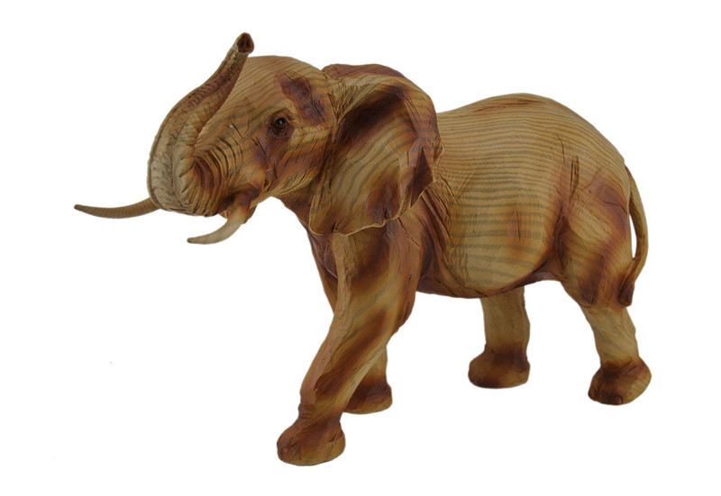 Faux Carved Wood Look Trunk Up Walking Elephant Statue Main image