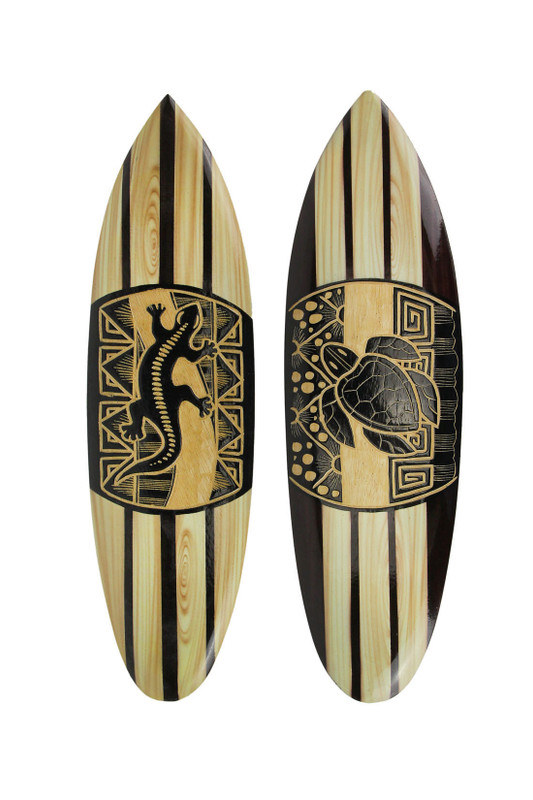 Set Of 2 Hand Carved Wood Surfboards Tiki Decor Lizard Turtle Wall Hanging Art Main image