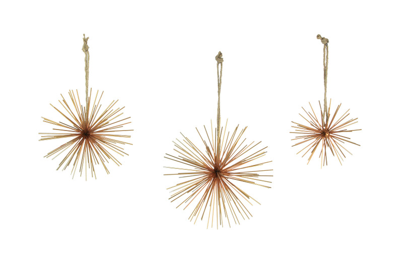 Brass Finish Metal Bursting Star Hanging Ornaments Set of 3 Rope Hangers Main image