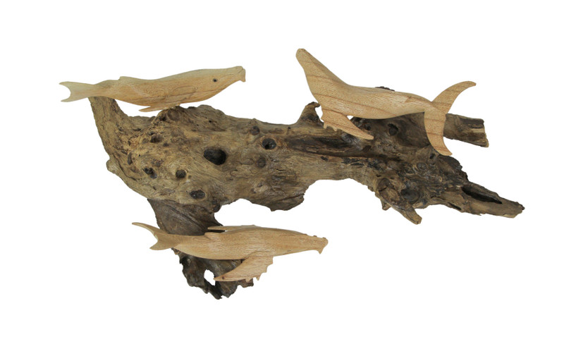 Carved Wood Humpback Whale Trio on Driftwood Base Wall Hanging Main image