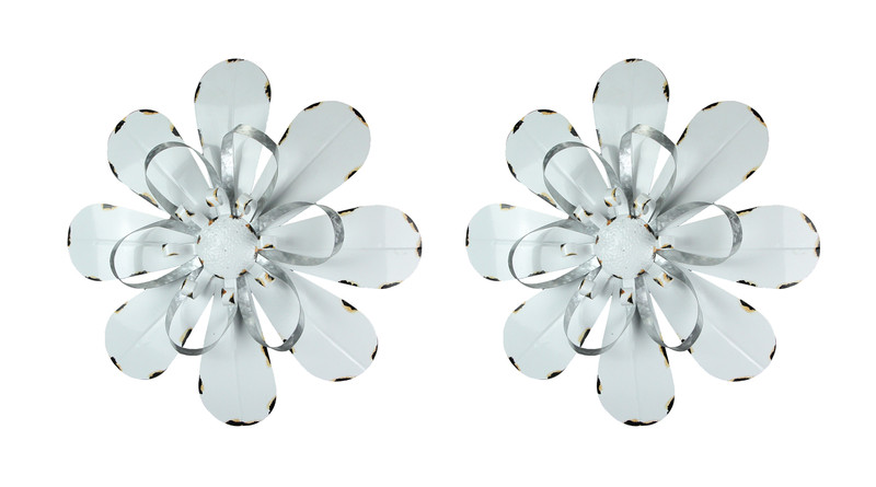 Set of 2 Distressed White Metal Daisy Bloom Flower Wall Sculptures Main image