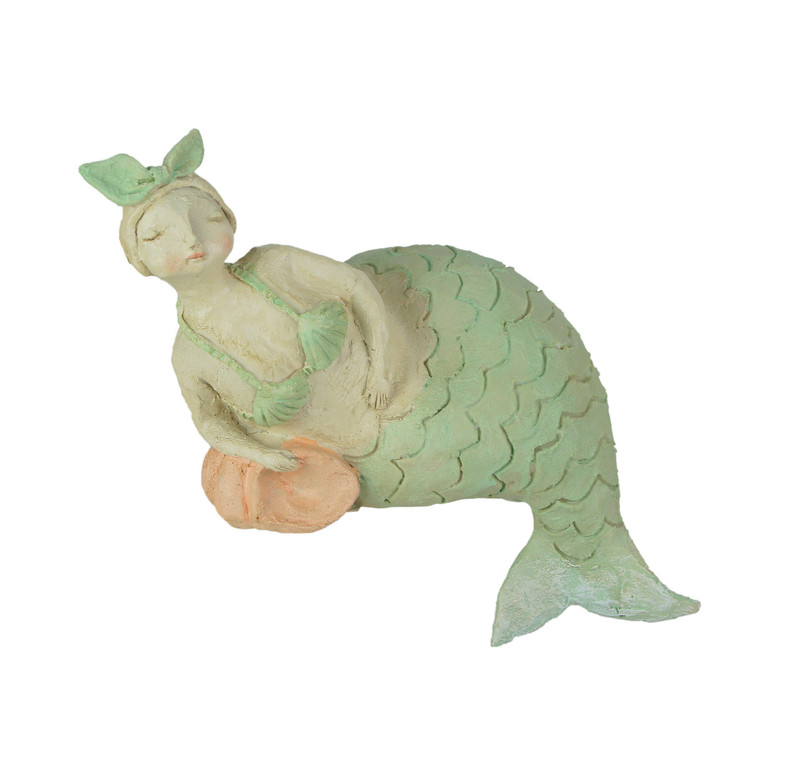 Whimsical Hand Painted Pastel Mermaid Leaning Against Fish Statue Main image