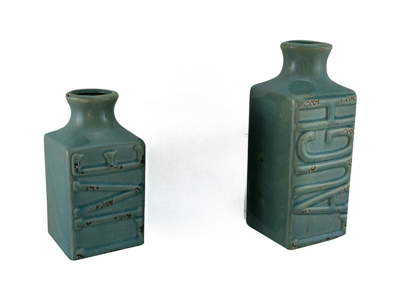 Set of 2 Green Crackle Finish Laugh and Live Porcelain Vases Main image