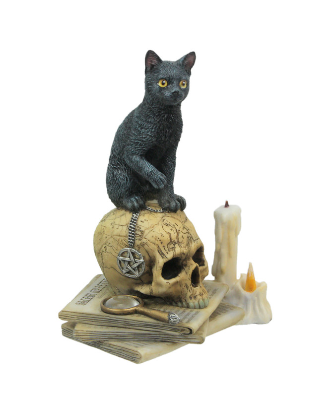 Lisa Parker Spirits of Salem Black Cat on Human Skull Statue 6.5 Inches High Main image