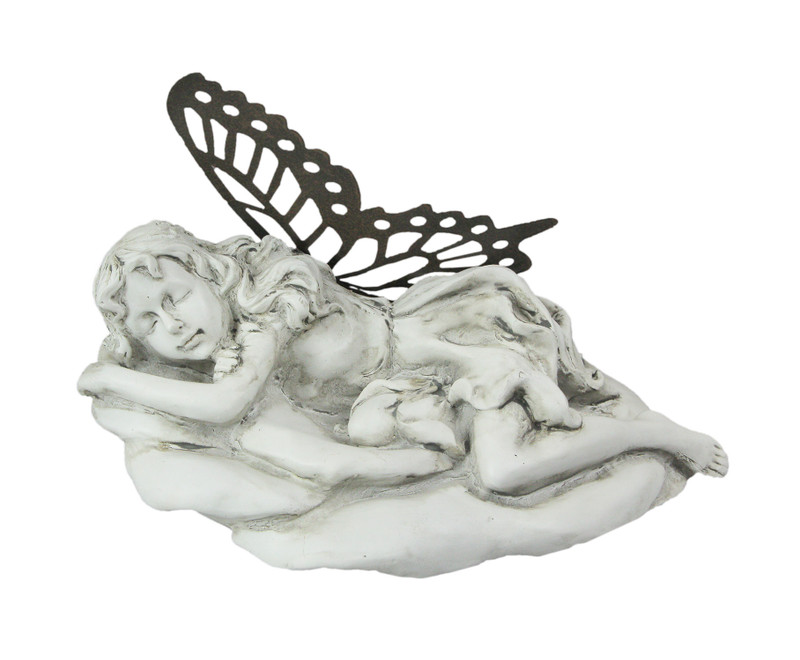 Antiqued White Sleeping Fairy Indoor / Outdoor Statue With Rustic Metal Wings Main image