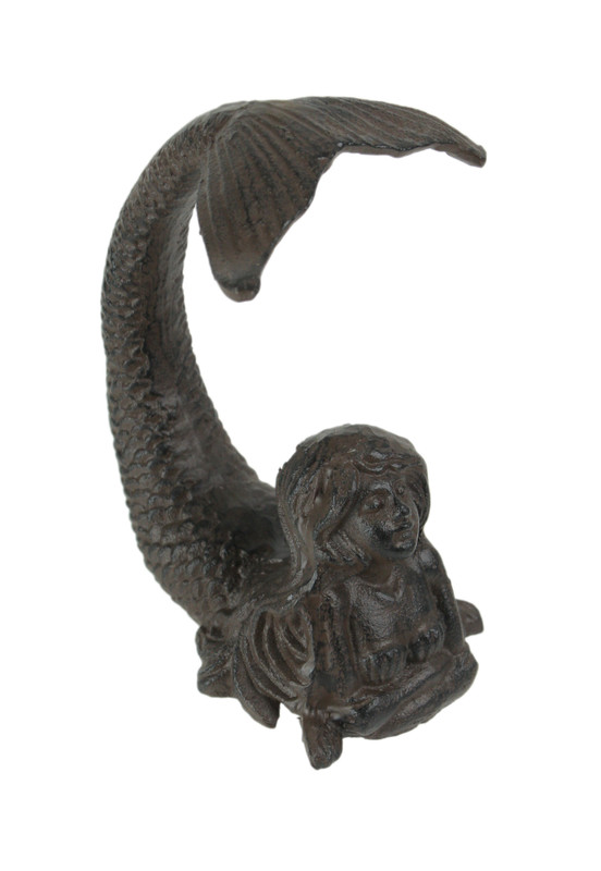 Rustic Brown Cast Iron Curled Tail Mermaid Statue / Doorstop 7.25 Inches Long Main image