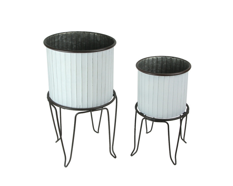 Set of 2 White / Charcoal Round Metal Tub Planters On Stands Main image