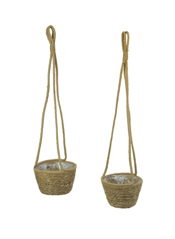 Set of 2 Woven Natural Jute Rope Hanging Planters With Clear Plastic Liners Main image