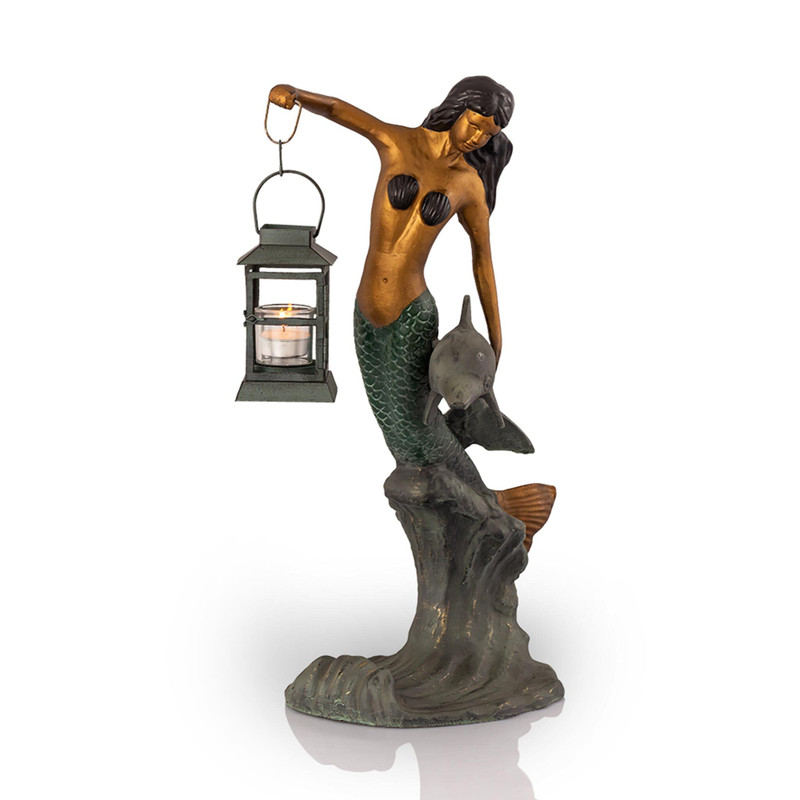 SPI Home Cast Aluminum Mermaid Garden Lantern Candle Holder Statue Main image