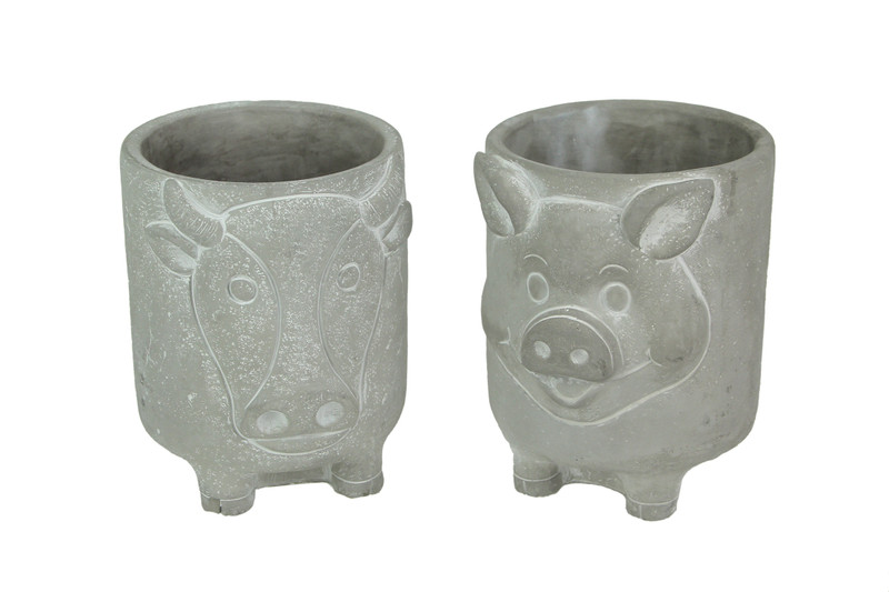 Set of 2 Natural Gray Barnyard Animal Design Concrete Planters Cow and Pig Main image