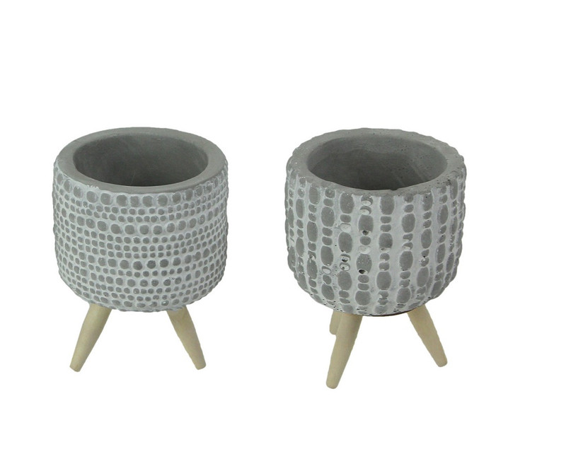 Set of 2 Geometric Circle Design Cement Mini Planters Wooden Legs Main image