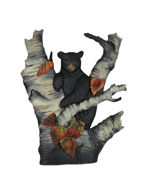 Hand Carved Wooden Bear On Birch Tree Hanging Wall Art Cabin Lodge Style Decor Main image