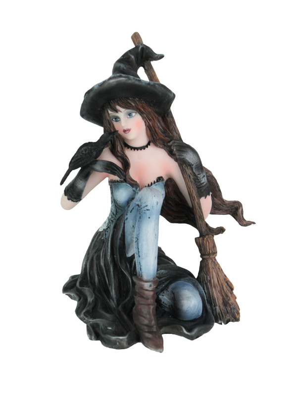 Sitting Witch Holding Broomstick w/Black Raven Figurine Statue Main image