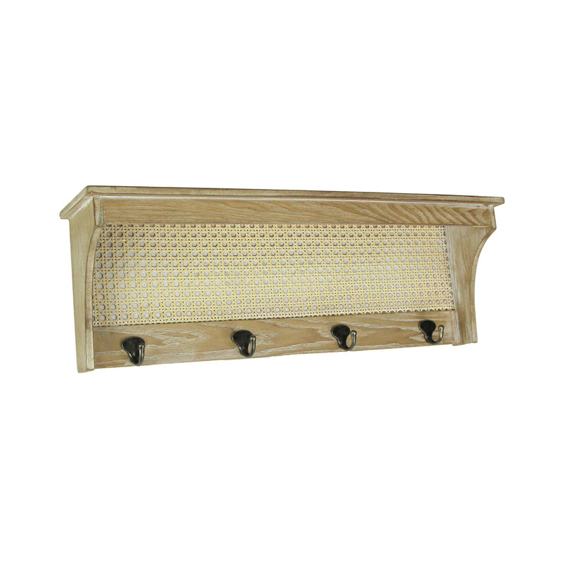 Wooden Wall Shelf With Rattan Mesh Cane Webbing and Four Metal Hooks Main image