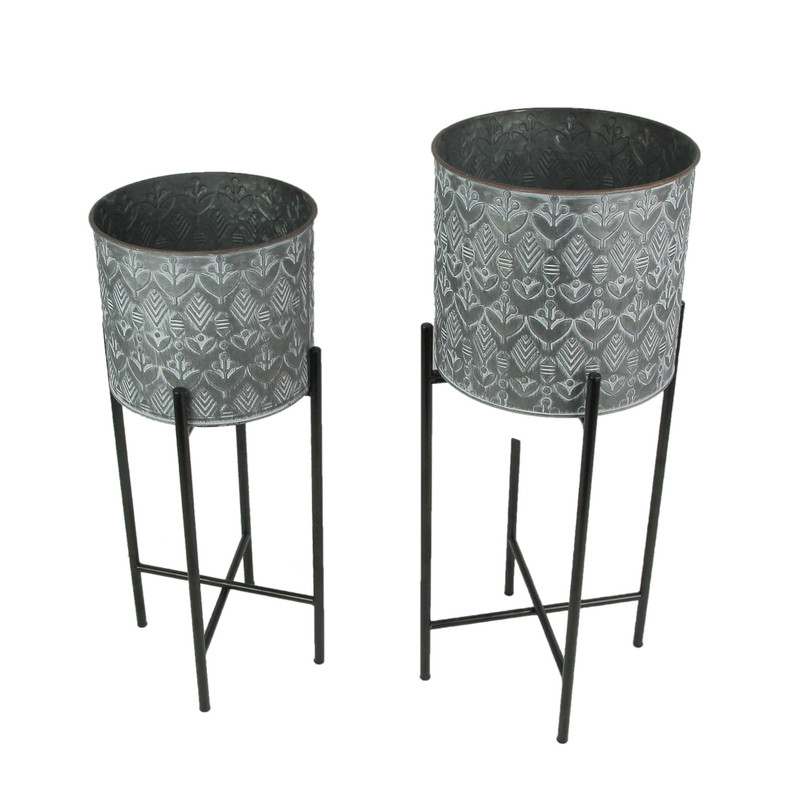 Set of 2 Galvanized Metal Planters With Stands Rustic Flower Pot Garden Decor Main image