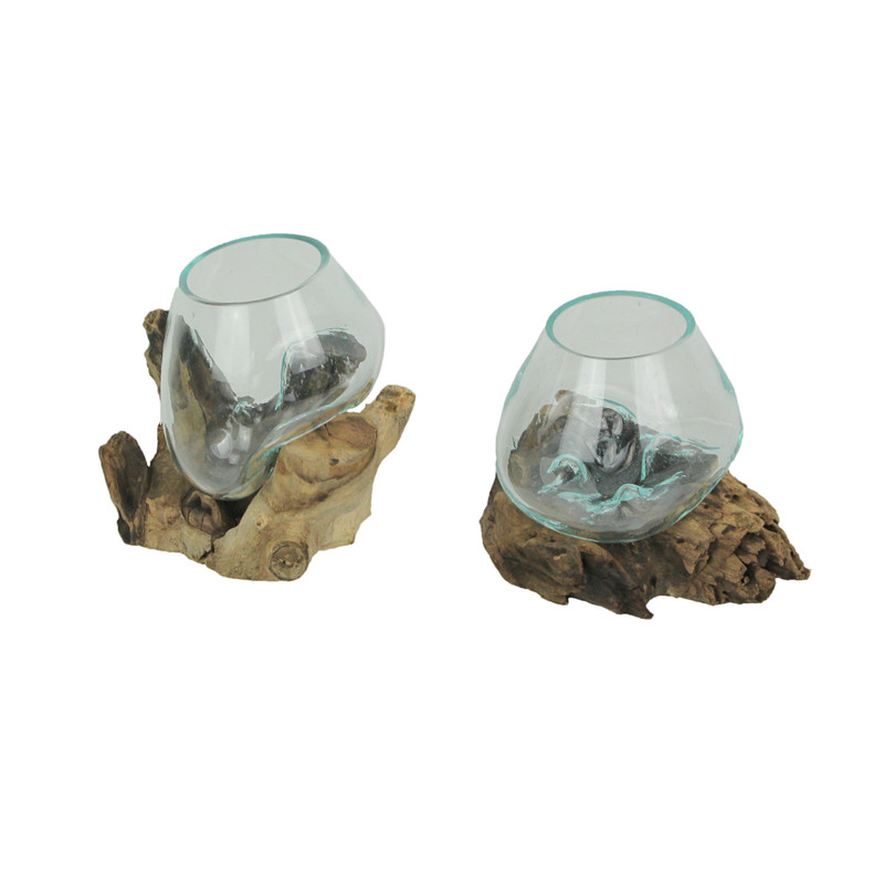 Set of 2 Melted Glass On Teak Driftwood Decorative Bowls/Vases/Terrarium Planters Main image