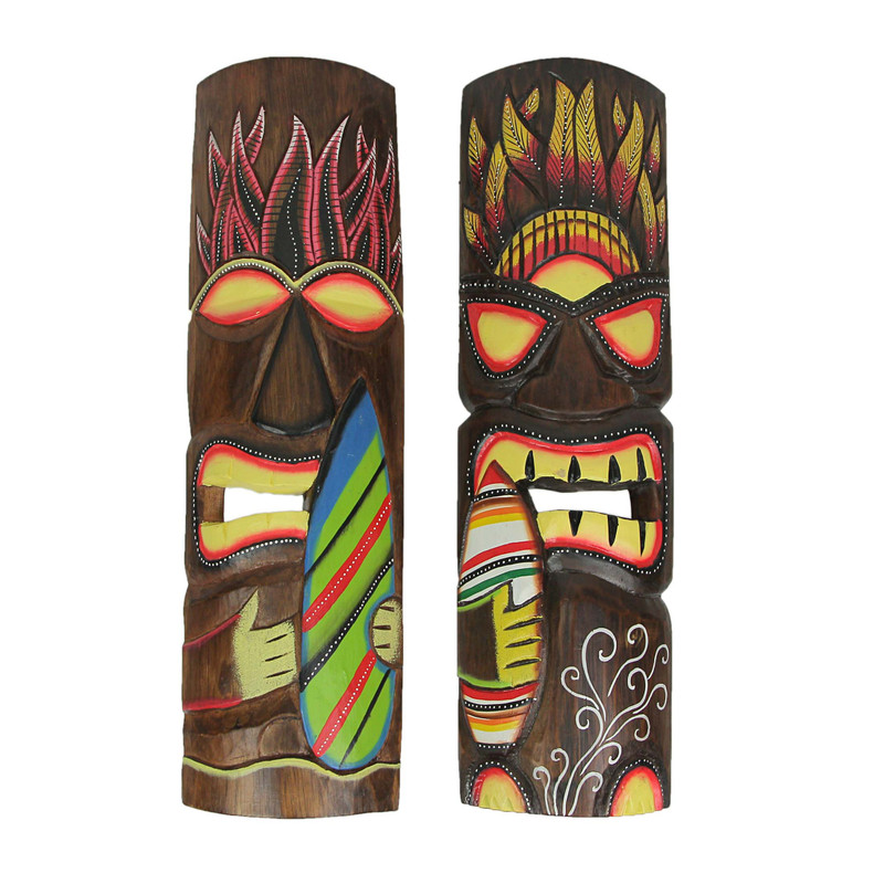 Elemental Fire and Wind Hand Crafted Wooden Surfer Tiki Wall Masks 20 Inch Set of 2 Main image