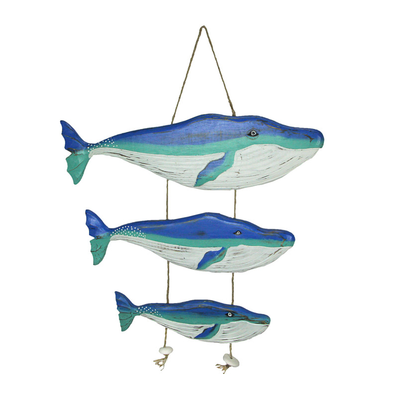 Wood Blue Humpback Whale Family Wall Hanging Sculpture Nautical Home Decor Art Main image