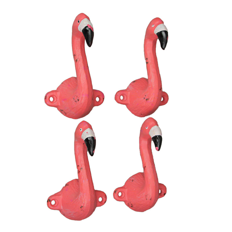 Set of Distressed Pink Flamingo Decorative Wall Hooks Coat Towel