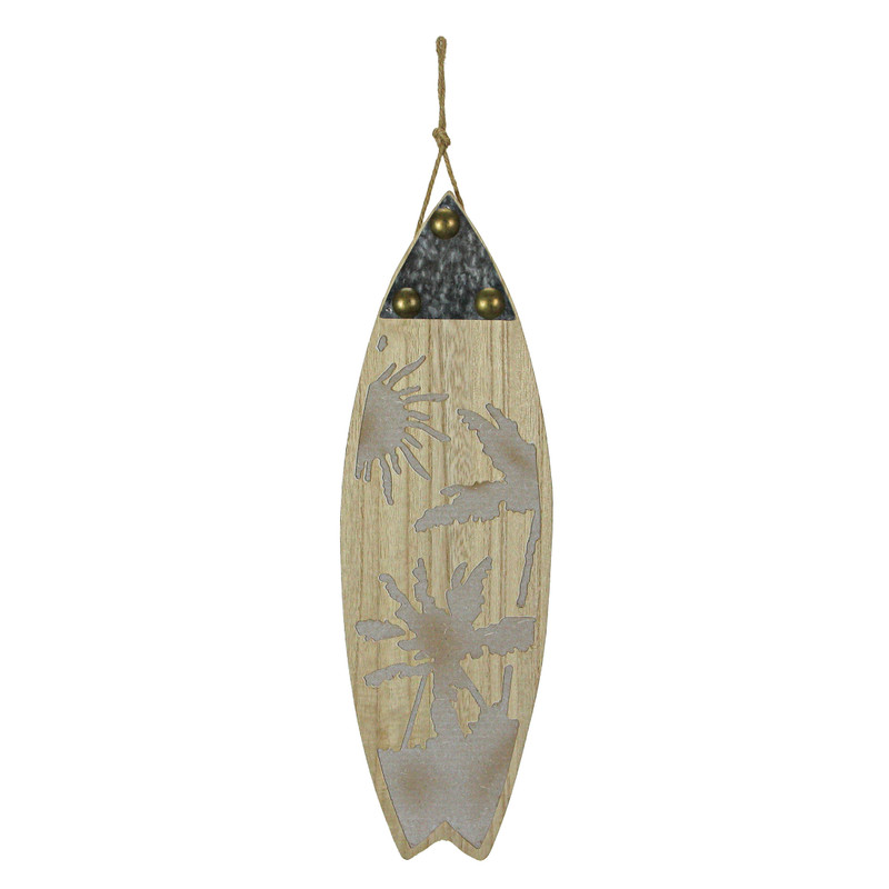 16 Inch Carved Wood & Metal Surfboard Wall Hanging Beach Home Decor Art Main image