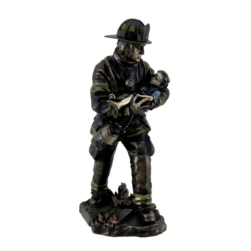 Firefighter Carrying Child Metallic Bronze Statue 11 Inches Tall Main image