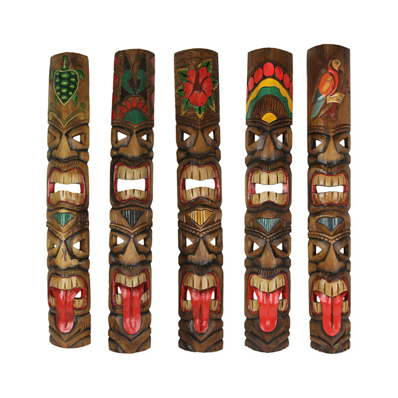 Set of 5 Double Tiki Mask Totem Wall Decor Hand Carved Tribal Sculpture 40 Inch Main image