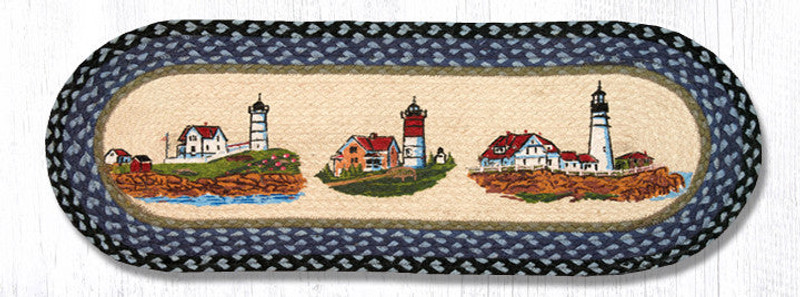 Earth Rugs OP-251 Three Lighthouses Oval Patch Runner 13" x 36" Main image