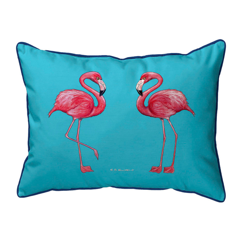 Betsy Drake Flamingos on Teal Large Corded Indoor/Outdoor Pillow 16x20 Main image