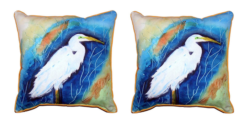 Pair of Betsy Drake Great Egret Facing Right Outdoor Pillows 18 Inch x 18 Inch Main image