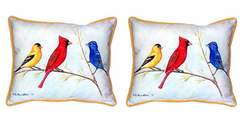 Pair of Betsy Drake Three Birds Large Indoor/Outdoor Pillows 16x20 Main image