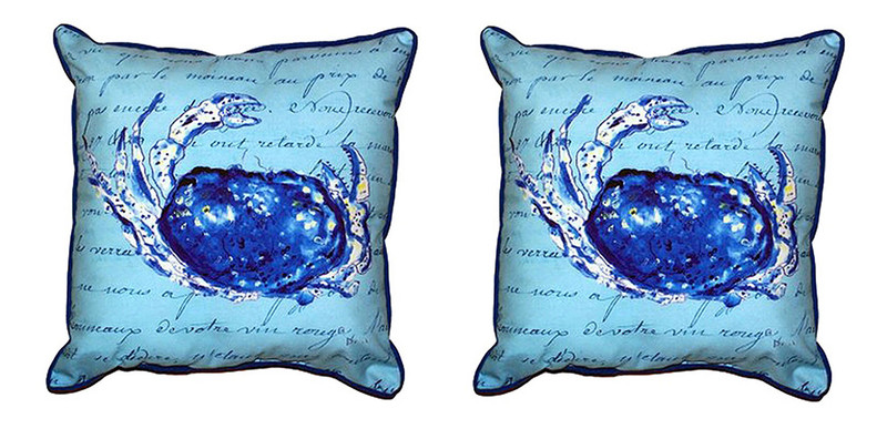 Pair of Betsy Drake Blue Script Crab Large Pillows 18 Inch X 18 Inch Main image