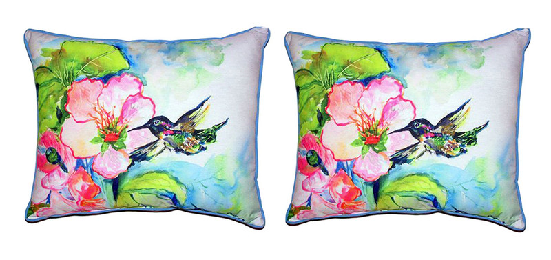 Pair of Betsy Drake Hummingbird and Hibiscus Outdoor Pillows 16 Inch x 20 Inch Main image