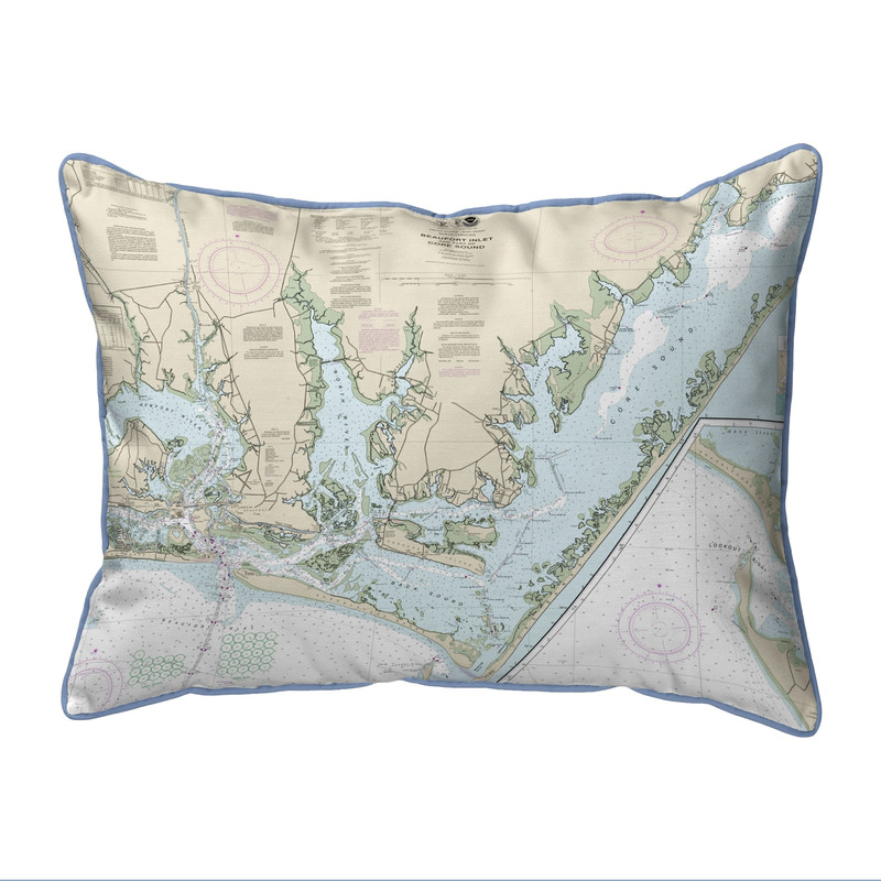 Betsy Drake Beaufort Inlet and Part of Core Sound, NC Nautical Map Extra Large Zippered Indoor/Outdoor Pillow 20x24 Main image