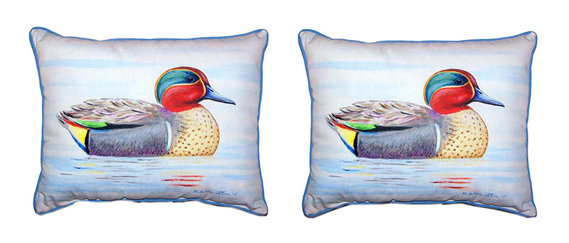 Pair of Betsy Drake Green Wing Teal Duck Outdoor Pillows 16 Inch x 20 Inch Main image