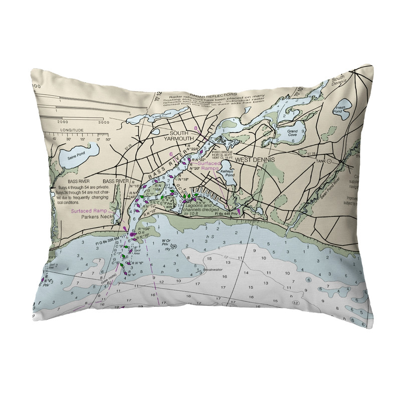 Betsy Drake Bass River, MA Nautical Map Noncorded Indoor/Outdoor Pillow 16x20 Main image