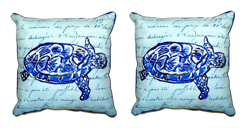 Pair of Betsy Drake Sea Turtle Blue Script Small Pillows 12 Inch X 12 Inch Main image