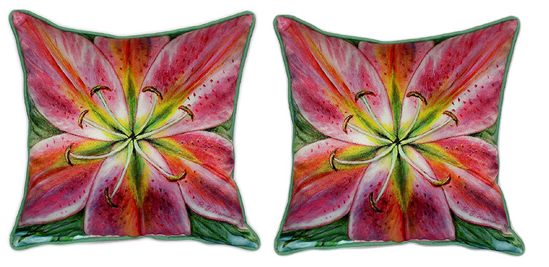 Pair of Betsy Drake Pink Lily Large Pillows 18 Inch x 18 Inch Main image