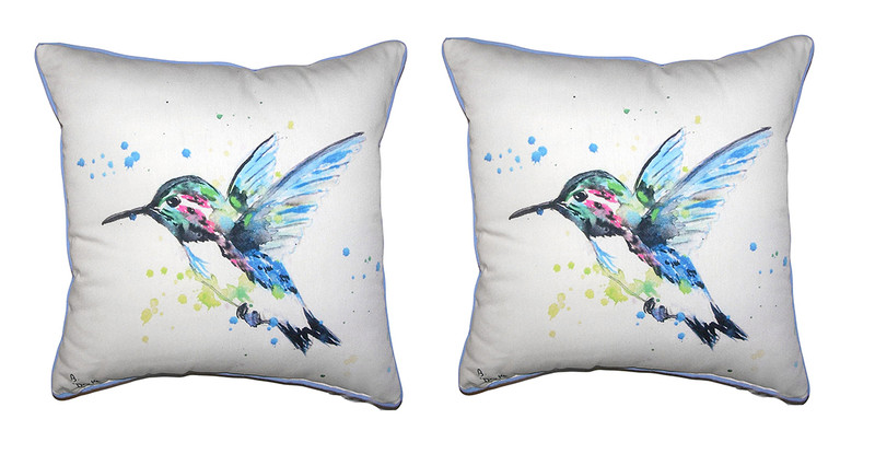 Pair Of Betsy Drake Green Hummingbird Large Indoor/Outdoor Pillows 18 X 18 Main image