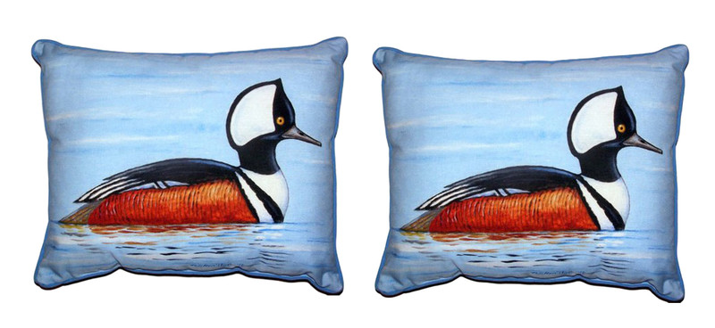 Pair of Betsy Drake Hooded Merganser Duck Outdoor Pillows 16 Inch x 20 Inch Main image