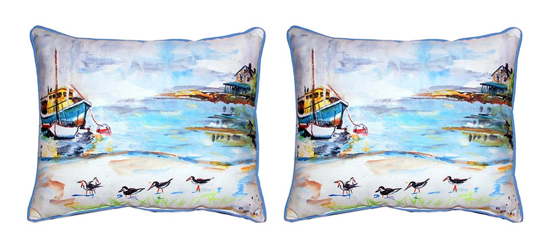 Pair of Betsy Drake Boat and Sandpipers Outdoor Pillows 16 Inch x 20 Inch Main image