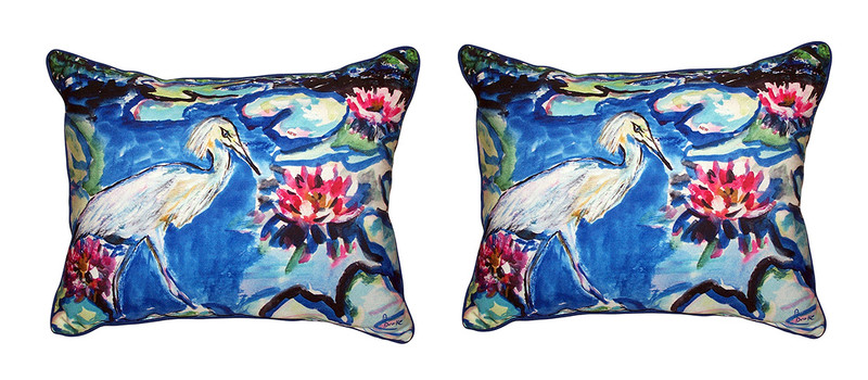 Pair of Betsy Drake Heron & Waterlilies Large Indoor/Outdoor Pillows Main image
