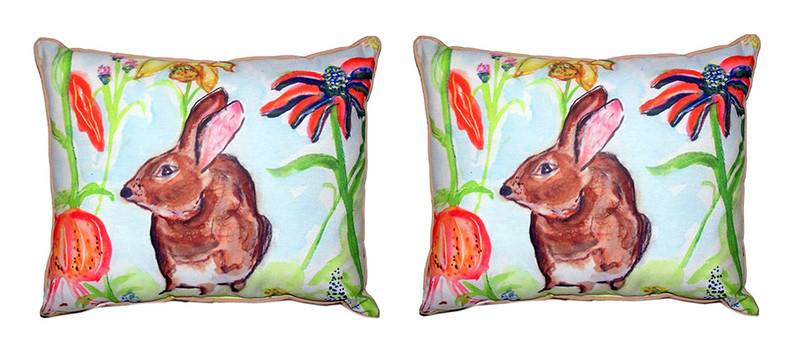 Pair of Betsy Drake Brown Rabbit Left Facing Outdoor Pillows 16 Inch x 20 Inch Main image