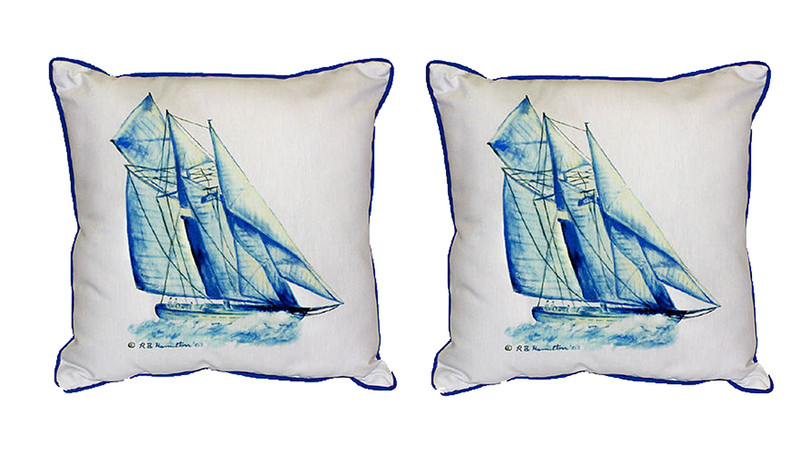 Pair of Betsy Drake Blue Sailboat Large Indoor/Outdoor Pillows Main image