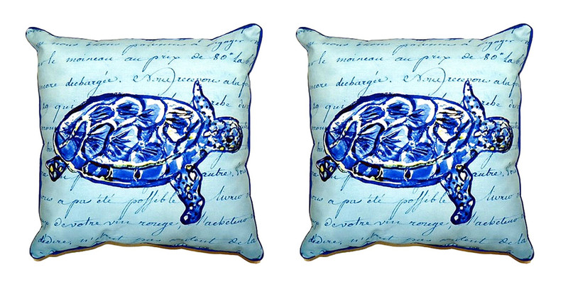 Pair of Betsy Drake Sea Turtle Blue Script Large Pillows 16 Inch X 20 Inch Main image