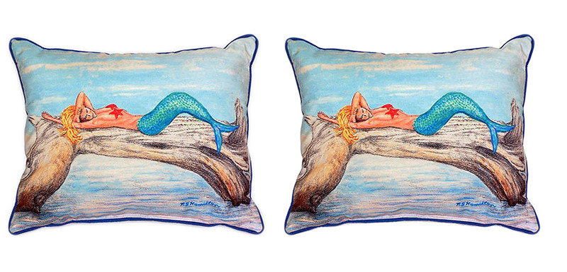 Pair of Betsy Drake Mermaid on Log Large Indoor/Outdoor Pillows 16x20 Main image
