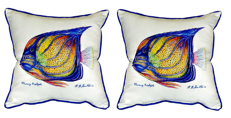 Pair of Betsy Drake Blue Ring Angelfish Small Pillows 12 Inch X 12 Inch Main image